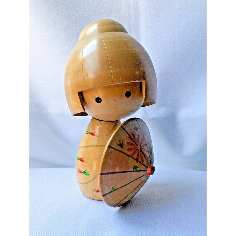 Japanese Kokeshi Doll Girl Holding Parasol Umbrella 5 7/8 “ Red Signature Maker